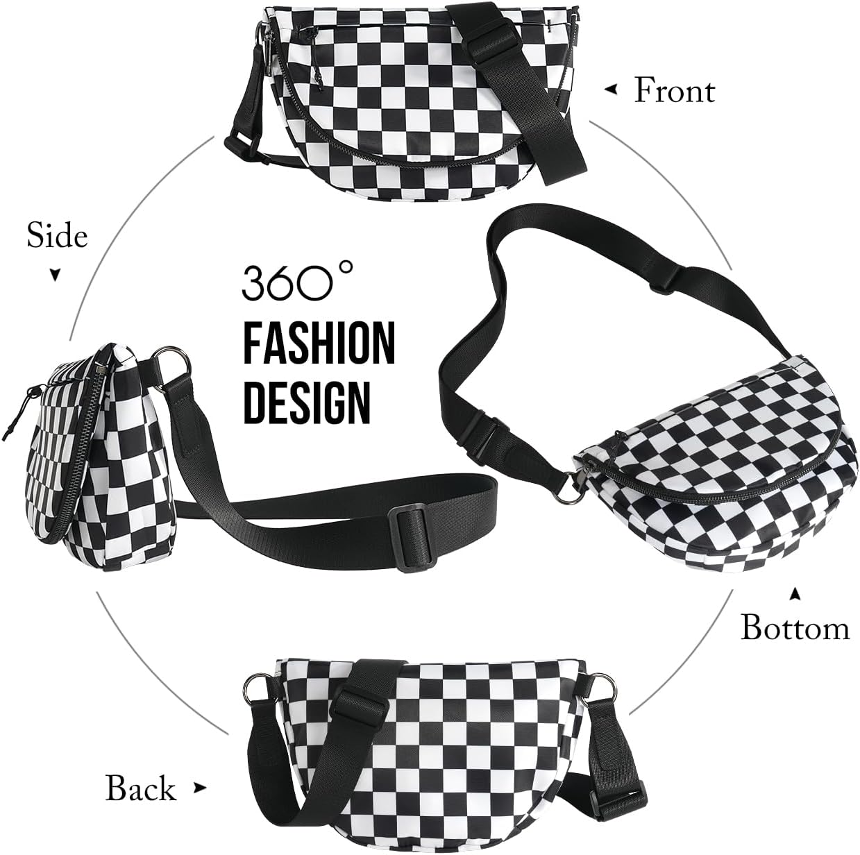 Checkered Crossbody Messenger Bag, Black and White Pattern, Adjustable Shoulder Strap - Image 5