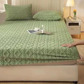Elastic Bed Sheets Queen King Size, Winter Super Soft Cosy Plush Shaggy Taffeta Elastic Fitted Sheet Solid,Green,35.4 * 78.4in