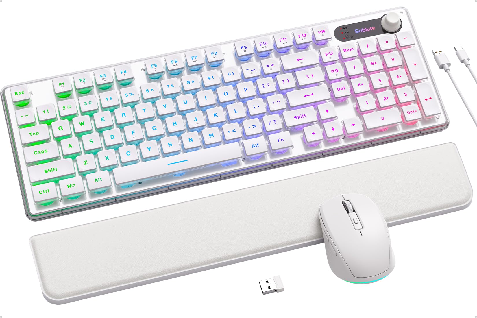 Wireless Keyboard and Mouse Combo - 9 Backlit Effects Wrist Rest Double-Shot Keycaps Metal Panel Long-Lasting Rechargeable 2