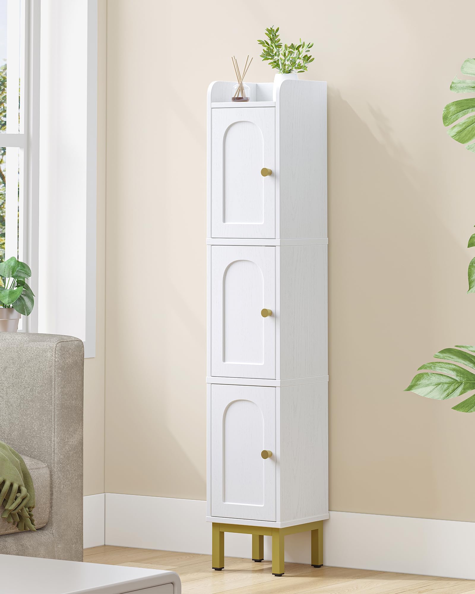 Hzuaneri Slim Bathroom Storage Cabinet, Narrow Bathroom Organizers and Storage with 4 Adjustable Feet, Laundry Room Organization for Small Space, Kitchen, Living Room, 3 Doors White BC22313G