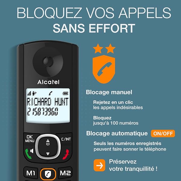 ALCATEL F530 Voice - Téléphone Fixe Sans Fil DECT Avec Répondeur - Grand Écran Rétroéclairé - Mains Libres - Fonction Blocage Des Appels - 2 Touches De Mémoires Directes - Noir - 4