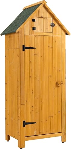 Miniatura 8 de Armario de almacenamiento al aire libre, cobertizo de almacenamiento de jardín de madera, cobertizo vertical exterior con estantes ajustables y