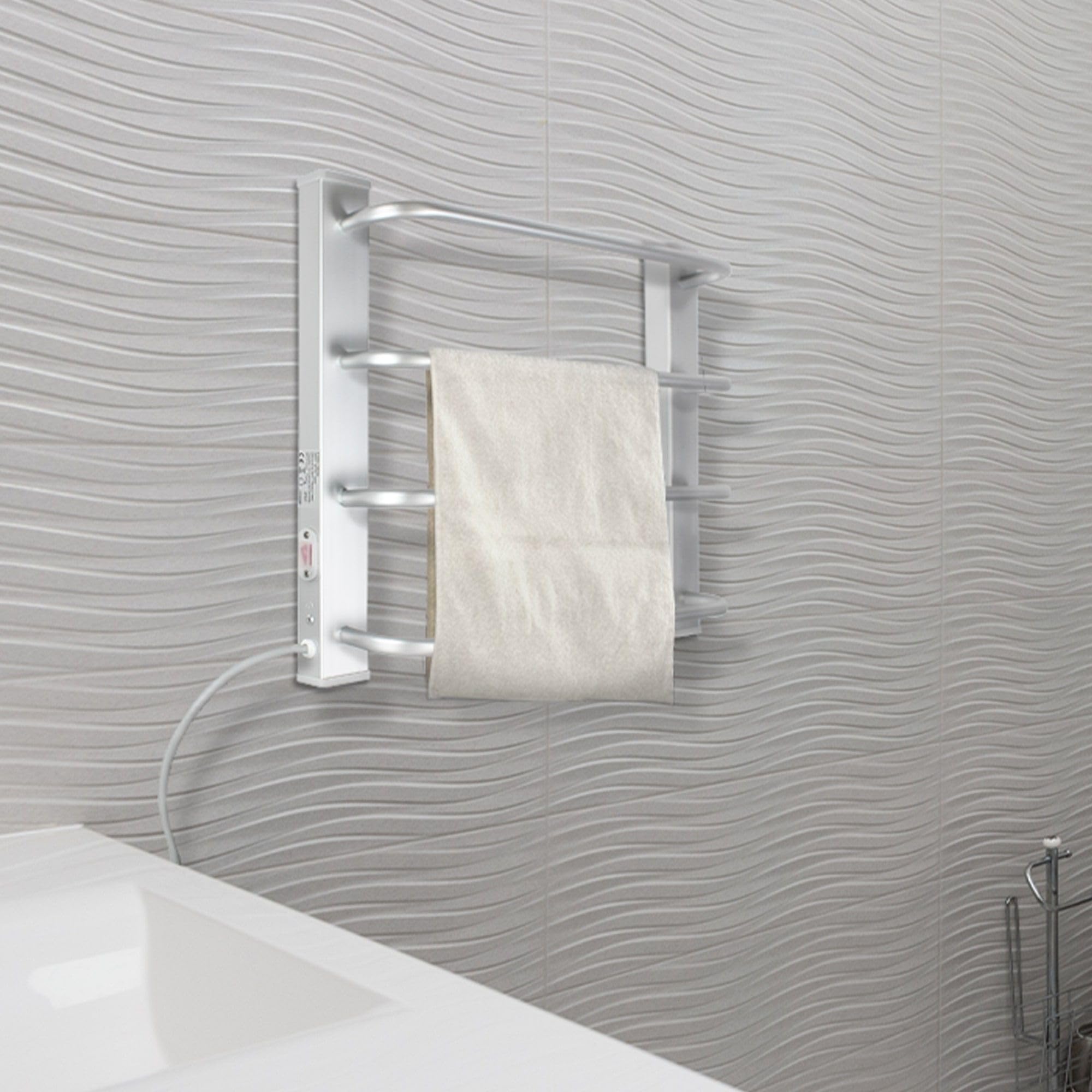 Fishtec - Asciugamano Elettrico da Parete 60W - Senza Termostato - Porta Asciugamano Bagno Stenditore Riscaldante 4 Barre - 50 CM - Alluminio Spazzolato - Riscaldamento Supplementare - Design Sobrio