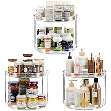 LAMU 3 Pack 2 Tier Lazy Susan Turntable Organizer 9.25 Rotating Spice Rack Organization for Cabinet, Kitchen, Pantry, Countertop, Bathroom, Vanity, Medicine Cabinet Organizer, Clear