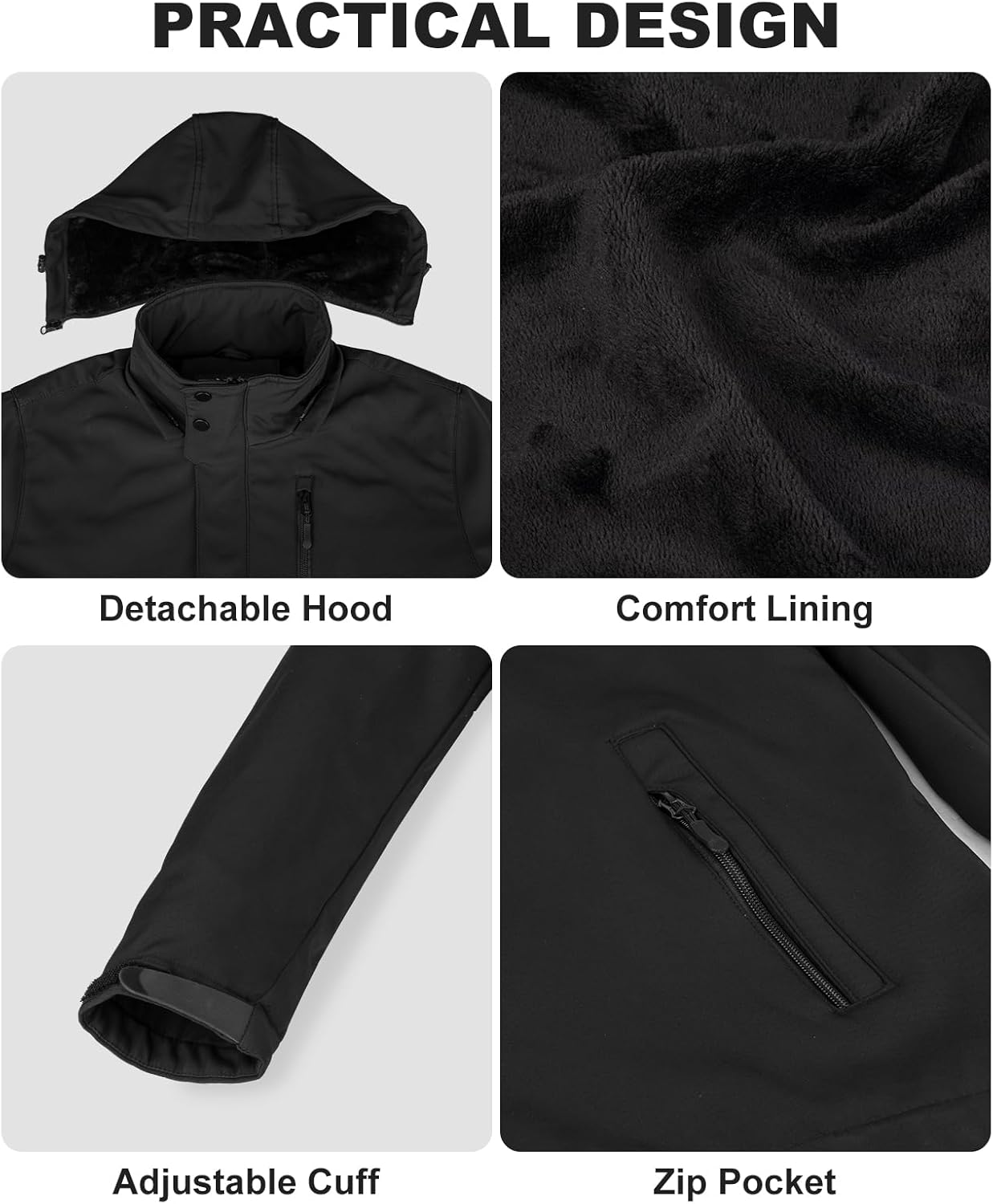 Heated Jacket for Men with 7.4V 16000ɱAh Βattery Pack, Winter Outdoor Soft Shell Electric Heating Coat with Detachable Hood - Image 6