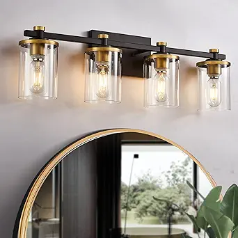 diniluse Bathroom Vanity Light 4-Light, Black and Gold Bathroom Light Fixtures with Clear Glass Shade, Vintage Bathroom Vanity Lights Wall Sconce for Bathroom
