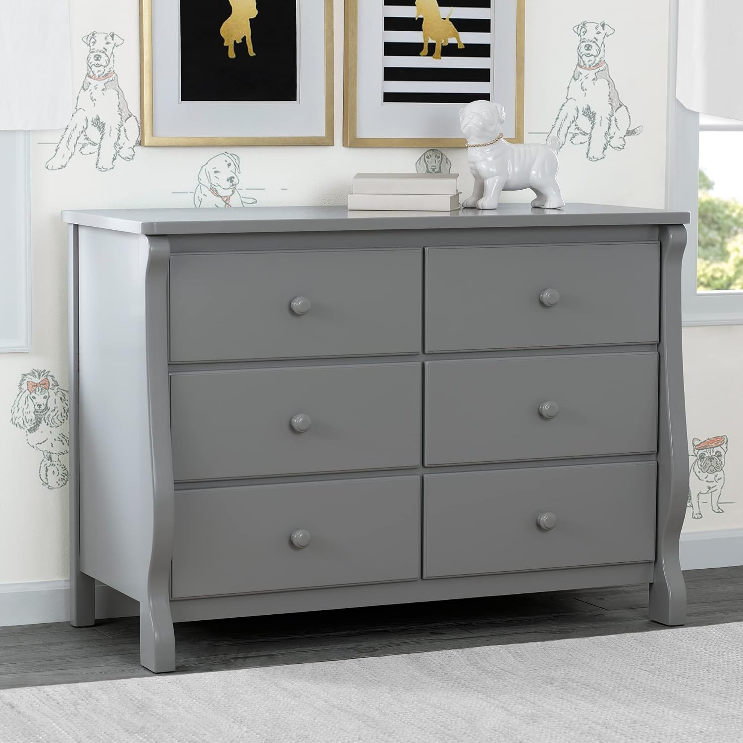 Delta Children Universal 6 Drawer Dresser with Interlocking Drawers - Greenguard Gold Certified, Grey & Infant Changing Table with Pad, Grey