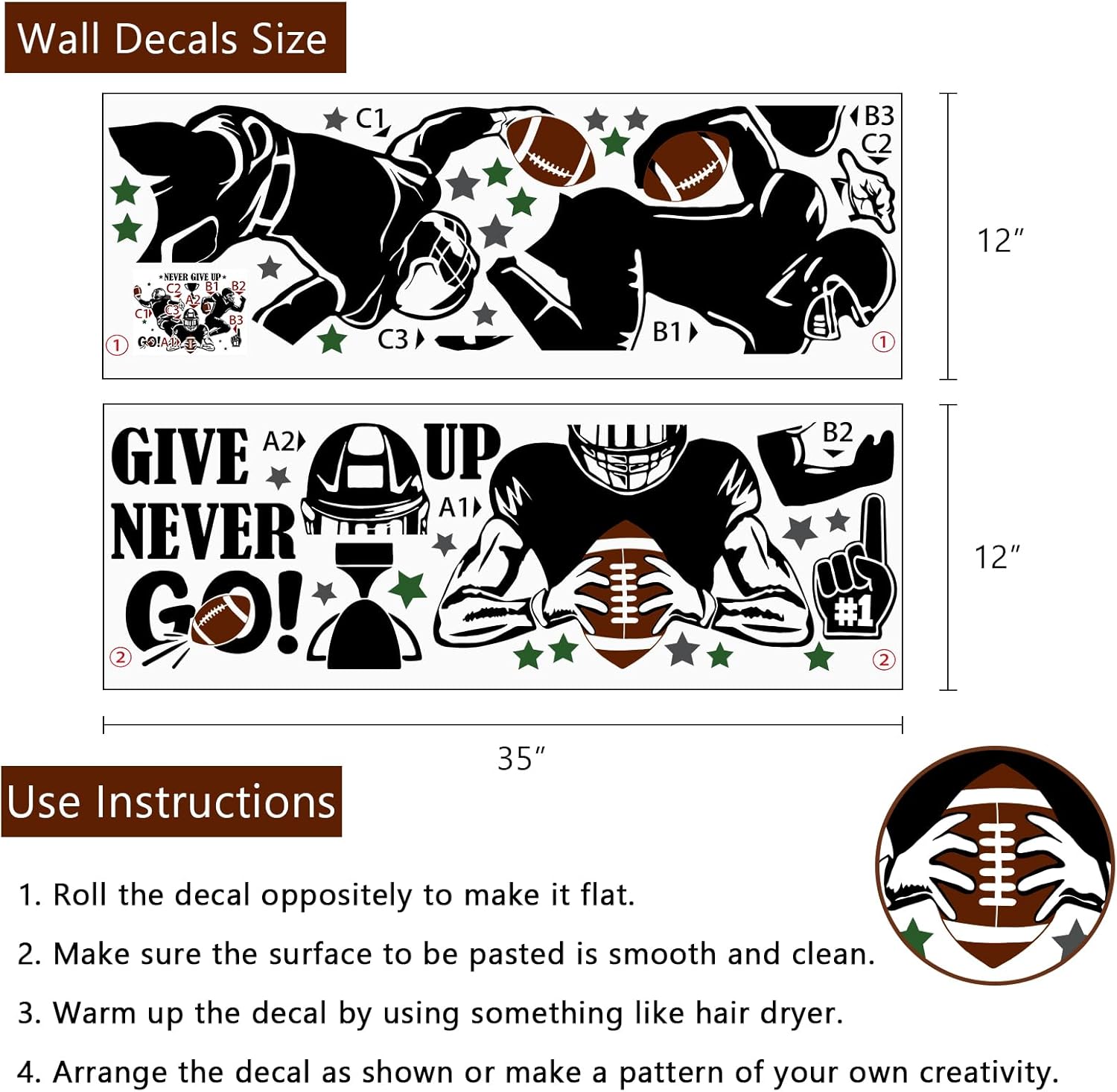 Yovkky Football Players Never Give up Wall Decals Stickers, America Sportsman Silhouette Inspirational Home Kids Boy Teen Bedroom Decor, Super Bowl Rugby Sport Playroom Living Room Decorations Art
