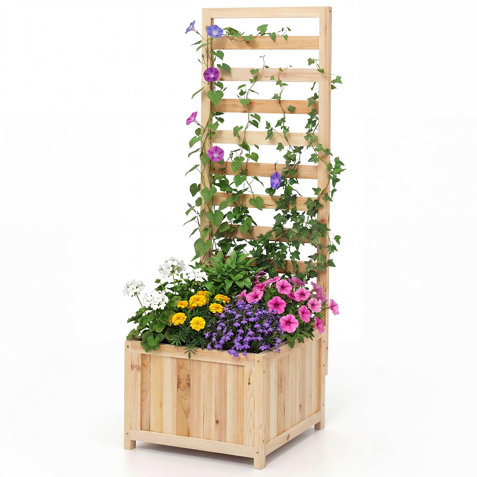 TANGZON Garden Planter Box, Outdoor Trough Planter Raised Bed with Trellis Panel, Climbing Flower Plant Pot for Patio Yard (Wood, Natural, 42 x 40 x 123 cm)