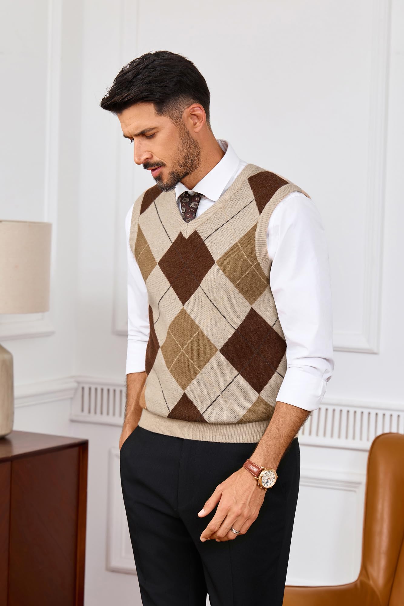 PJ PAUL JONES Maglione da uomo con scollo a V, senza maniche, lavorato a maglia