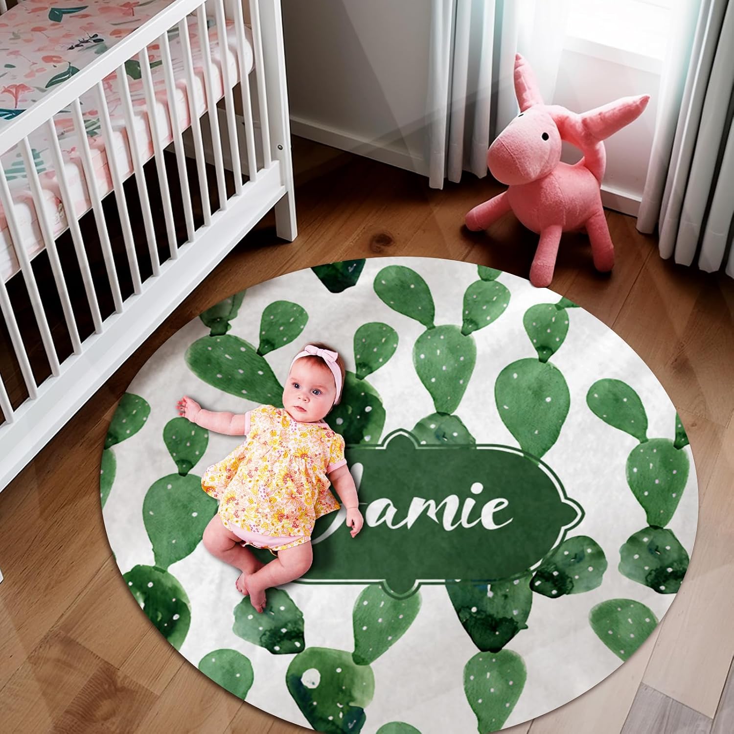 Custom Name Baby Rug - Nursery Mat for Baby Boys & Girls - Tummy Time & Crawling Mat - Round Rug - Green Cactus (39.37"X39.37")