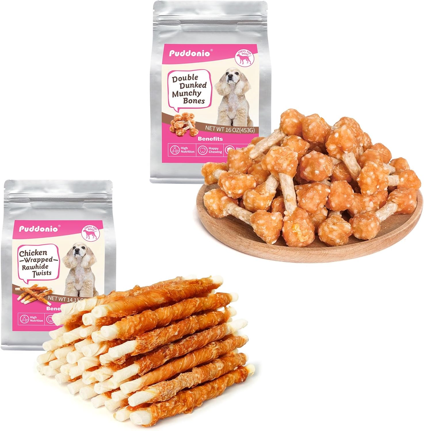 Chicken Wrapped Rawhide Sticks 14.1oz & Chicken Wrapped Rice Dumbbells Bones 16oz