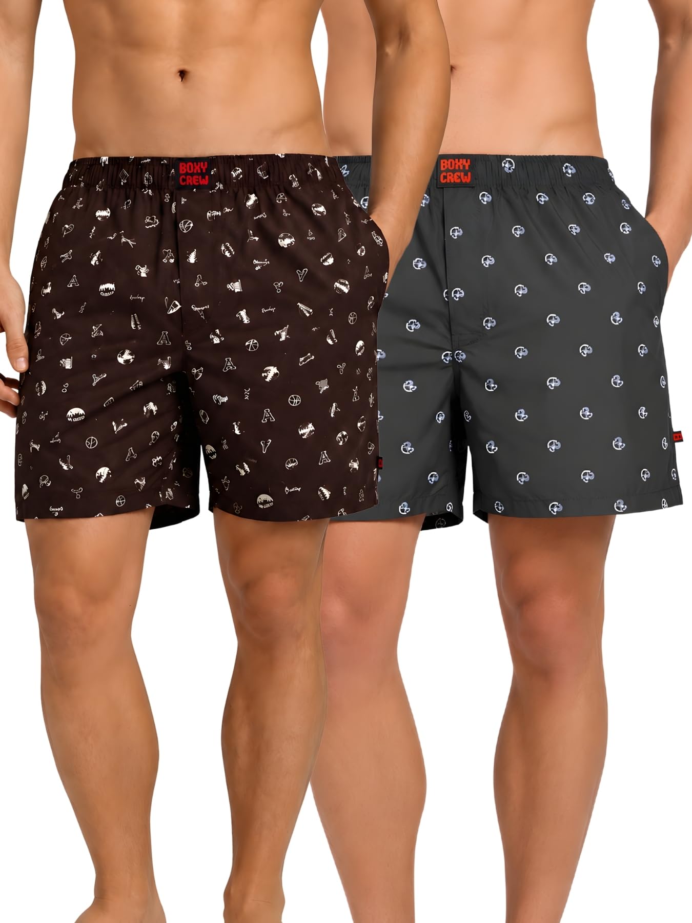 Men Boxer Shorts Pack of 2, 100% Cotton Woven Boxers, Brown & Dark Blue, Printed Designs, Dual Side Pockets, No-Marks Inner Elastic Waistband, Relaxed Fit Lounge & Sleep Shorts-image-35