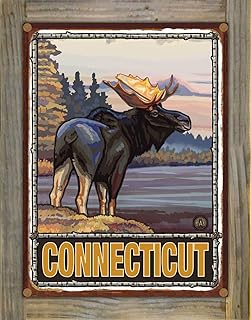 Northwest Art Mall Connecticut Moose Rustic Metal Print on Reclaimed Barn Wood from Travel Artwork by Artist Paul A. Lanquist 8.5" x 11.5"