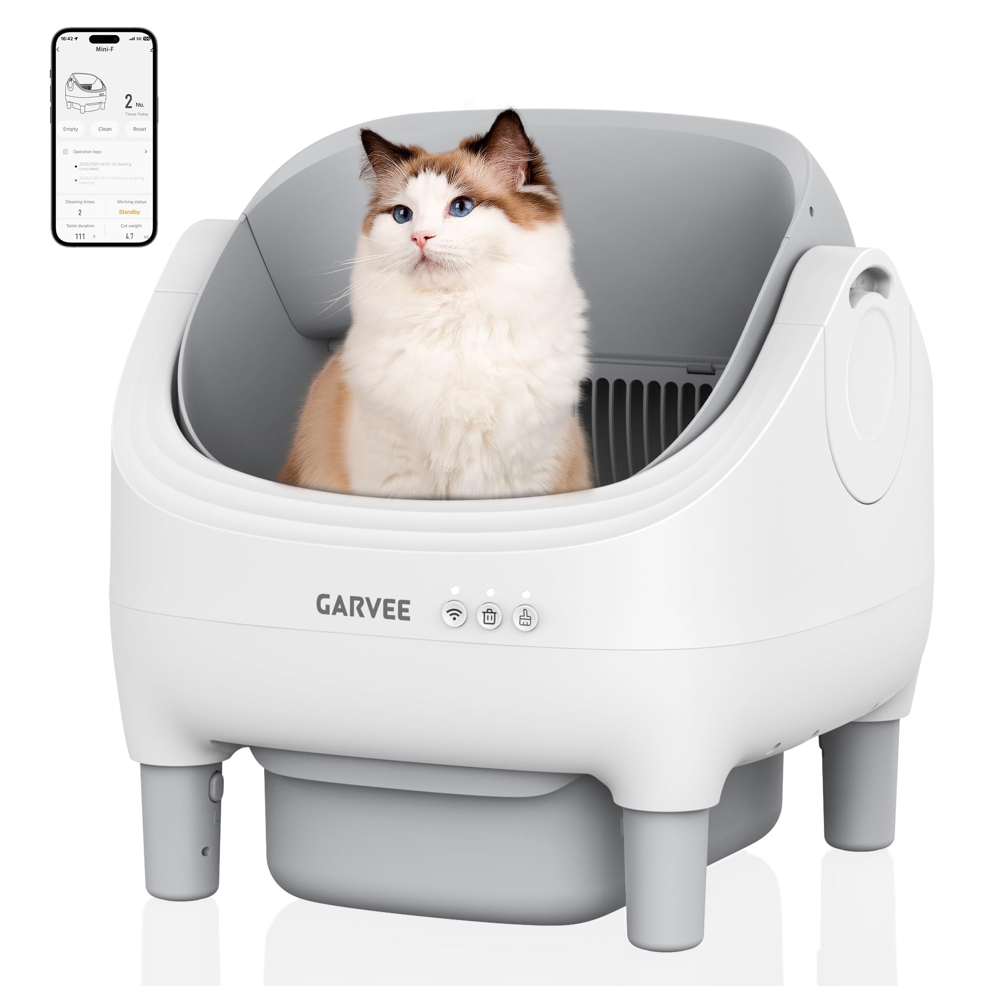 Self Cleaning Litter Box, Automatic Cat Litter Box with APP Control, Odor-Free Waste Disposal Includes Trash Bags, Large Waste Bin, Open-Top, for Multiple Cats, Light Grey