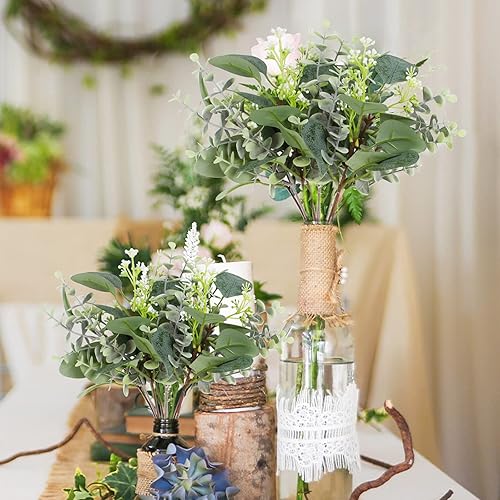 Miniatura 7 de 24 tallos de hojas de eucalipto artificiales con semillas blancas, hojas de eucalipto de dólar plateado, tallo de hoja verde falsa, ramo de boda,