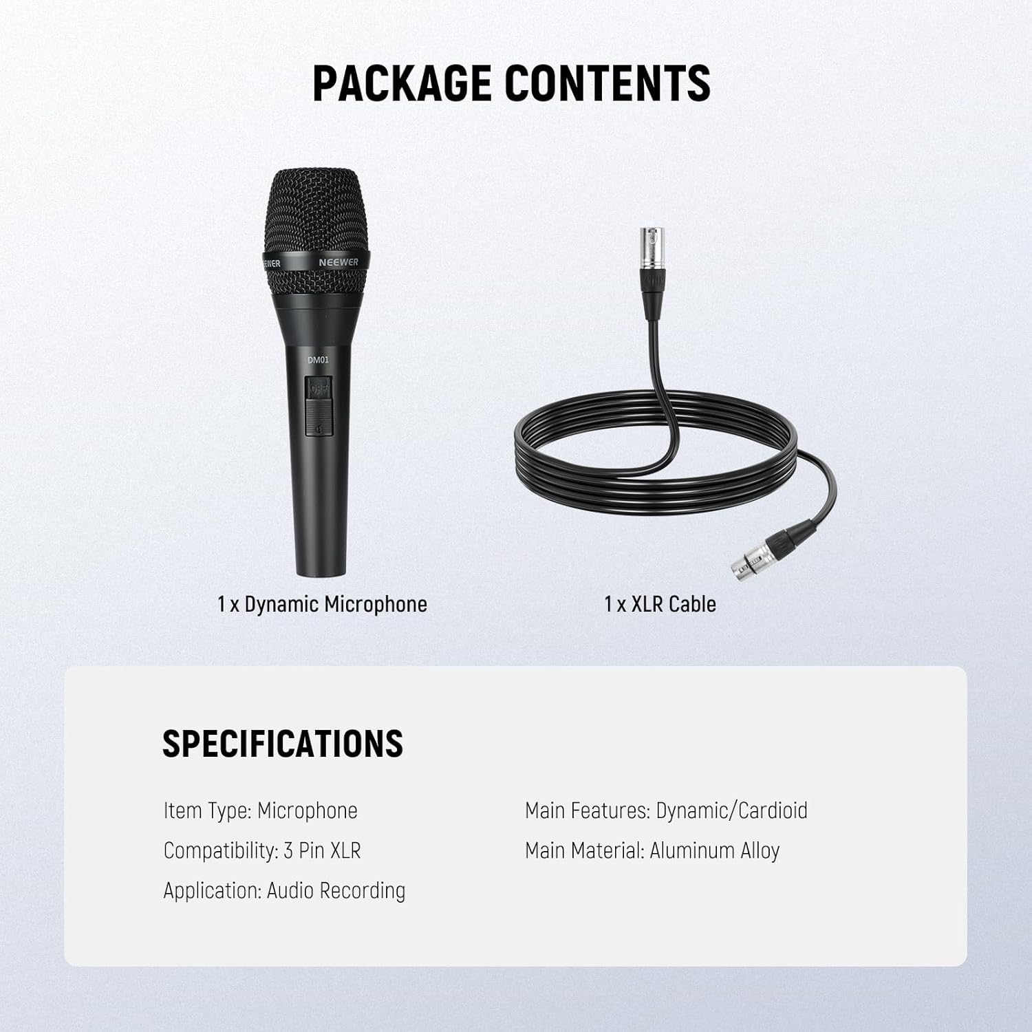 Package contents showing one dynamic microphone and one XLR cable