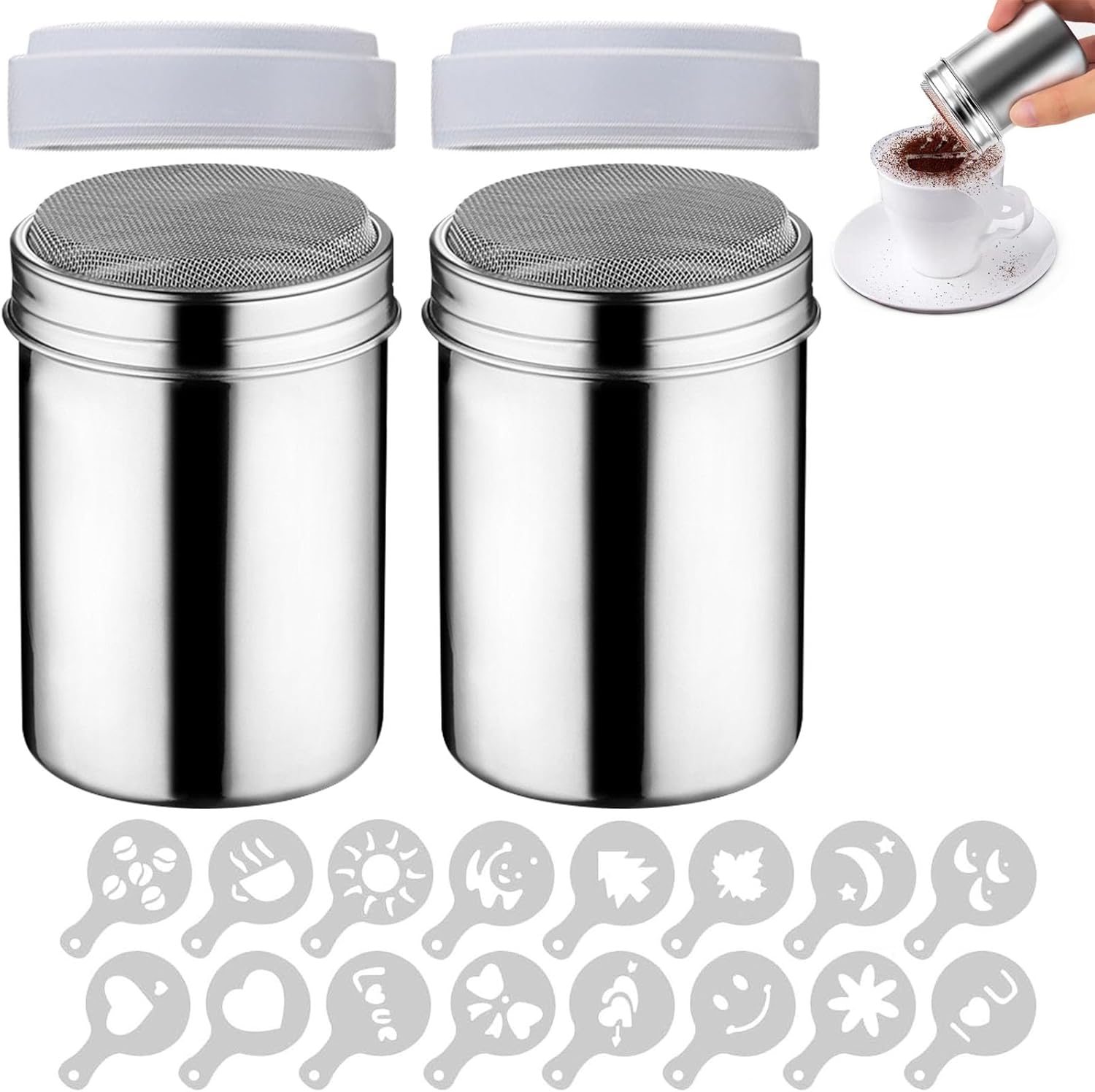 2 Pack Powder Sugar Shaker Duster, Stainless Steel Mesh Coffee Shakers Sets, 7oz Small Flour Sifter Seasoning Shaker with Lid & 16 Coffee Stencils for Baking Soda Cappuccino Cinnamon Cake Bread
