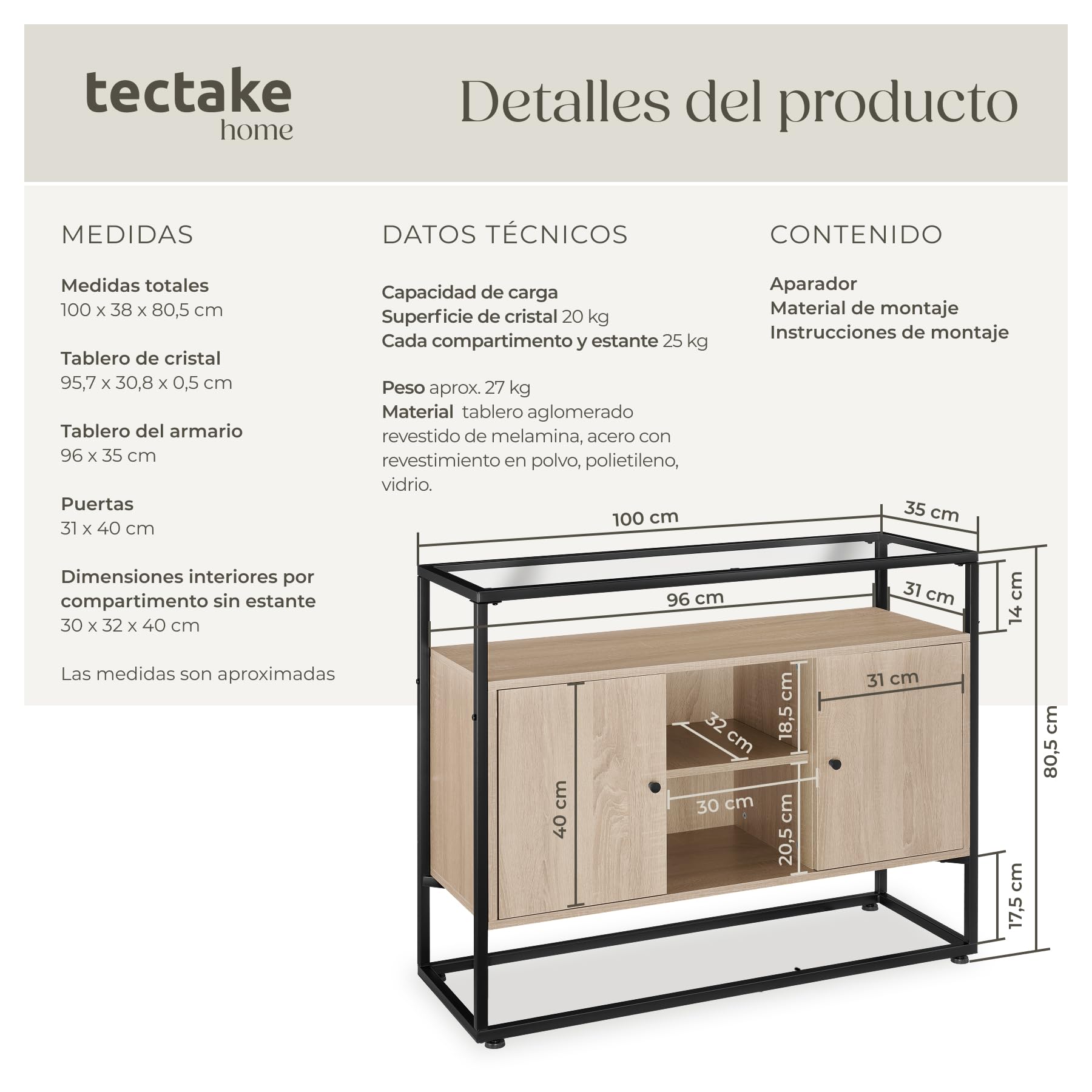 tectake® Mueble TV Salon de Estilo Industrial, Aparador con 2 Armarios y 3 Estantes, Tablero Madera, Muebles Salon, Mesa TV - 100 x 38 x 80,5 cm Madera Industrial Clara, Roble Sonoma