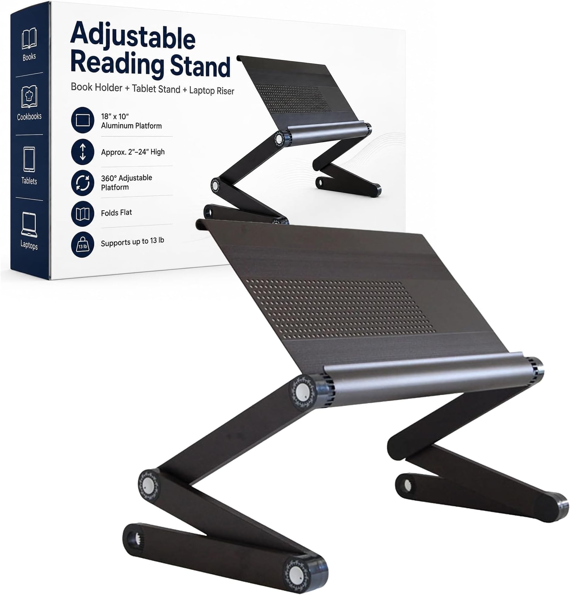 Book Stand, Adjustable Laptop Stand for Desk (Black) | 18x10" aluminum panel adjusts 0-21" with 360° rotation, up to 12 lbs —cookbook, book holder, laptop riser & tablet stand.