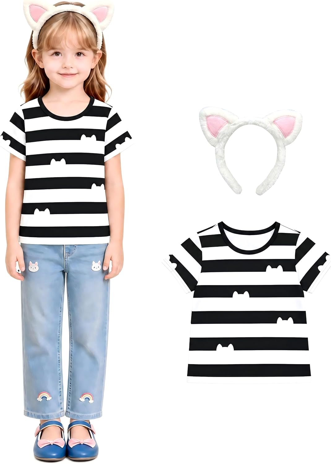 Cute Cat Ear Headband & Striped T-Shirt Set - Casual Kawaii Short Sleeve Top with Fuzzy Ear Accessory for Daily Wear