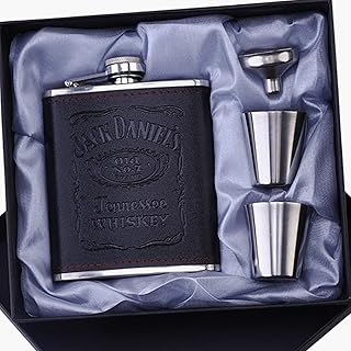 Shot Flask 7oz - Stainless Steel Funnel and Shot Glasses Flask Set, Gift for Men - Hip Flask with Classic Embossed Leather for Whiskey and Spirits, Used for Camping Climbing Hiking Picnic