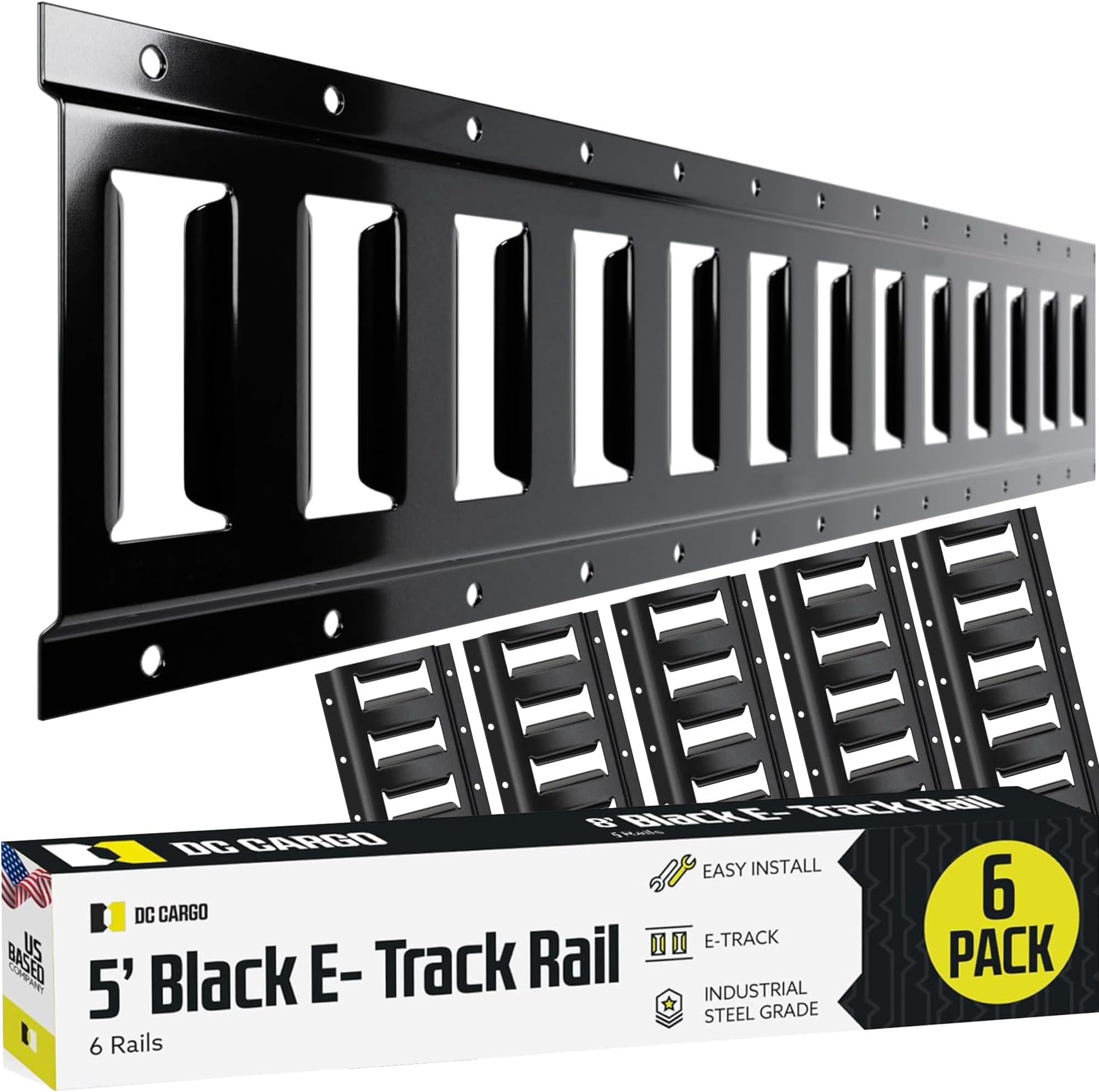 E Track Tie Down Rail Kit 5' (6 Pack) for Garages, Vans, Trailers, Motorcycle Tie Downs, ATV Mountings - ETrack Bar Rails – Powder-Coat Black - Secure Cargo & Heavy Loads Up to 2,000 lbs