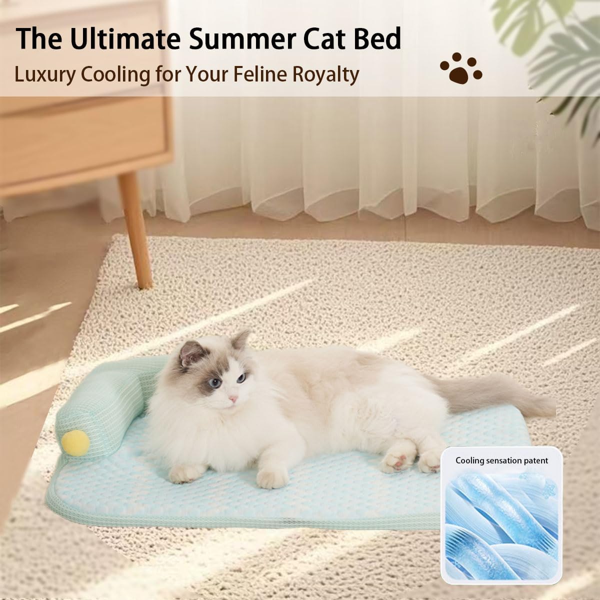 All-Season Ice Fabric Cat Bed with Cushioned Pillow/Play Ball/Washable Mat for Cats, Kittens & Small Pets（Green, Large-25"x19"x4"