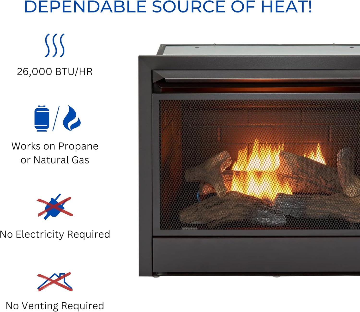 Duluth Forge Dual Fuel Ventless Gas Fireplace Insert, Thermostat Control, 5 Fire Logs, Use with Natural Gas or Liquid Propane, 26000 BTU, Heats up to 1350 Sq. Ft., Black