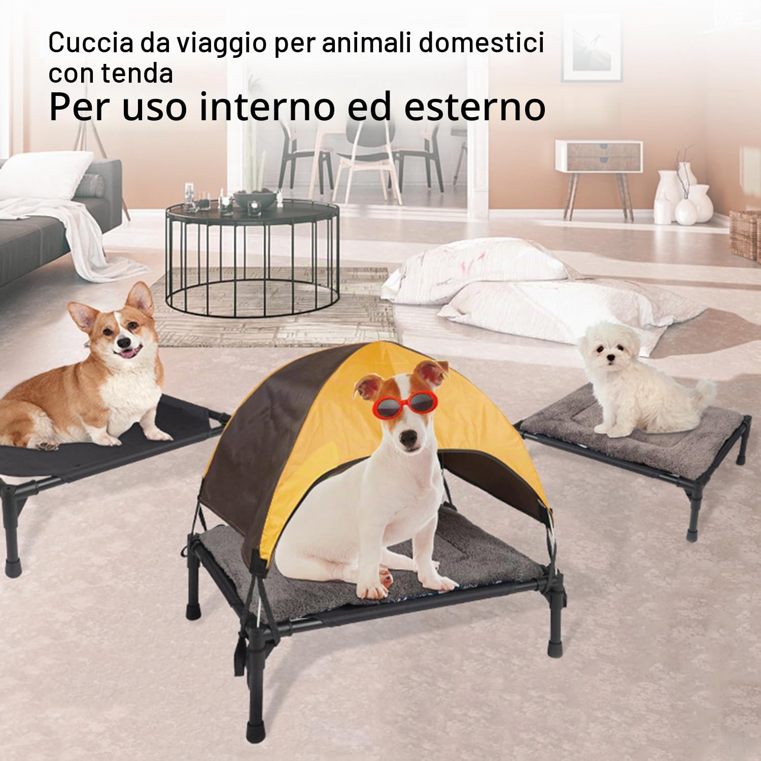 Cuccia Rialzata Per Cani Da Esterno Con Tetto,Lettino Per Cani,Protezione Dal Sole Su Tre Lati Con Piedi Antiscivolo,Include Cuscino e Sacca Di Stoccaggio,Per Campeggio,Giardino,Spiaggia e Piscina