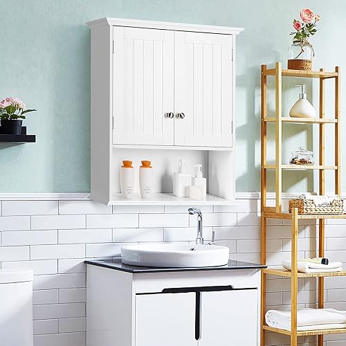 Miniatura 4 de HAPPYGRILL Gabinete de almacenamiento de baño montado en la pared Estante organizador de baño sobre el gabinete de almacenamiento del inodoro