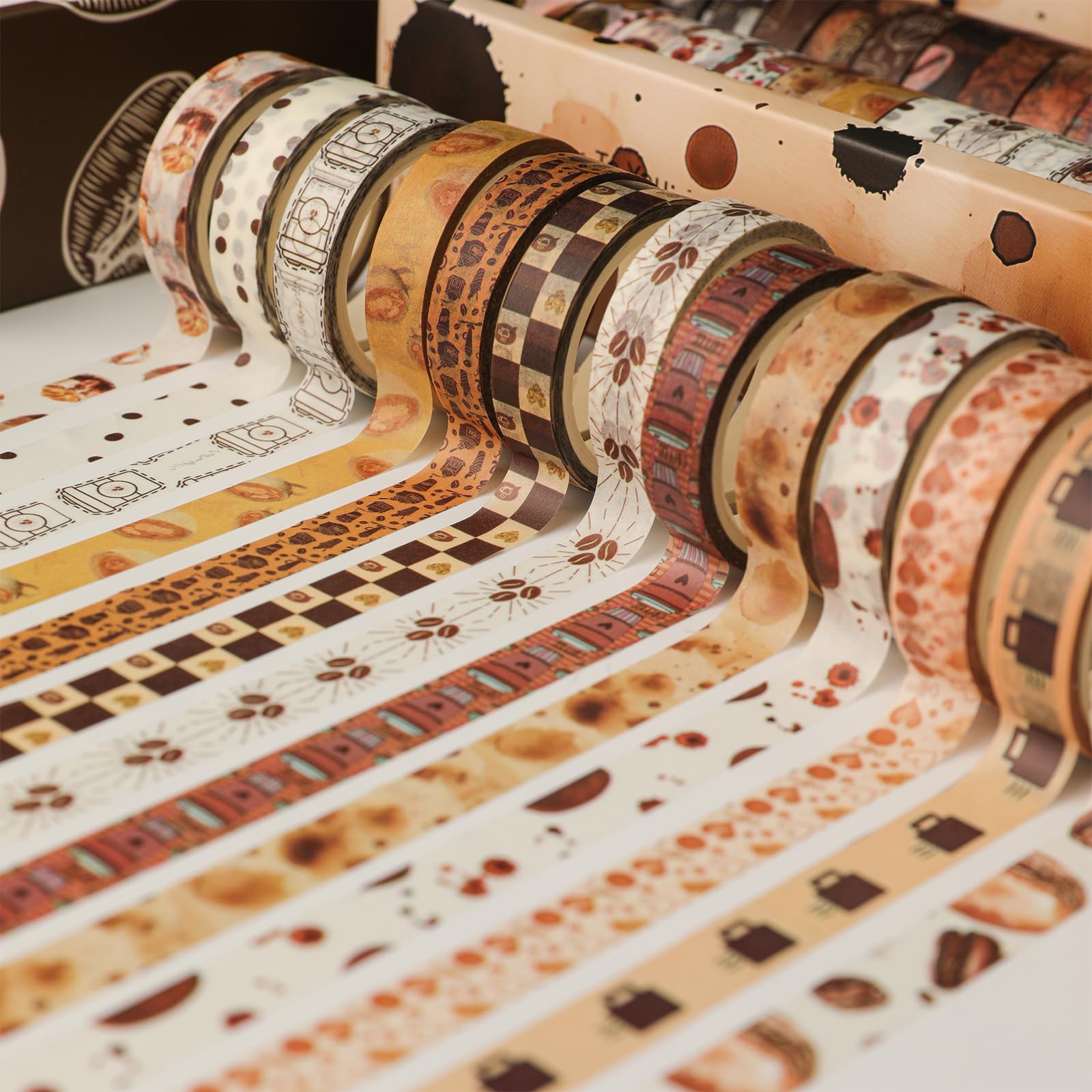 Zestaw 32 rolek taśmy Washi, vintage, kawowa, dekoracyjna taśma retro, brązowa, akwarela, kawiarnia, taśma maskująca do dziennika, dziennika śmieci, scrapbookingu, planera, artykułów