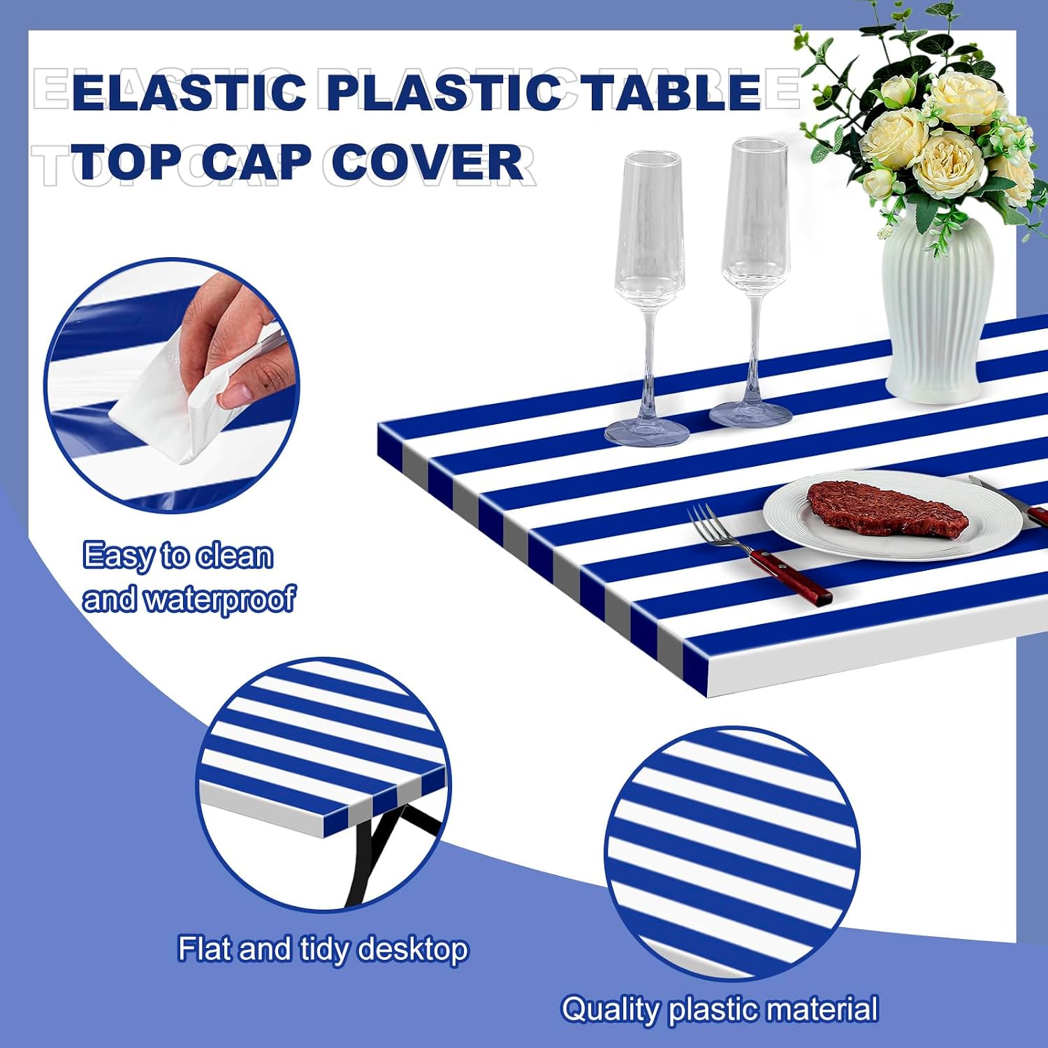 Boao 6 Pcs Plastic Picnic Table Cover 72 x 30 Inch for 6 ft Tables Disposable Waterproof Blue and White Striped Table Covers with Elastic Fitted for Picnic Camping Birthday Outdoor Party (Blue)