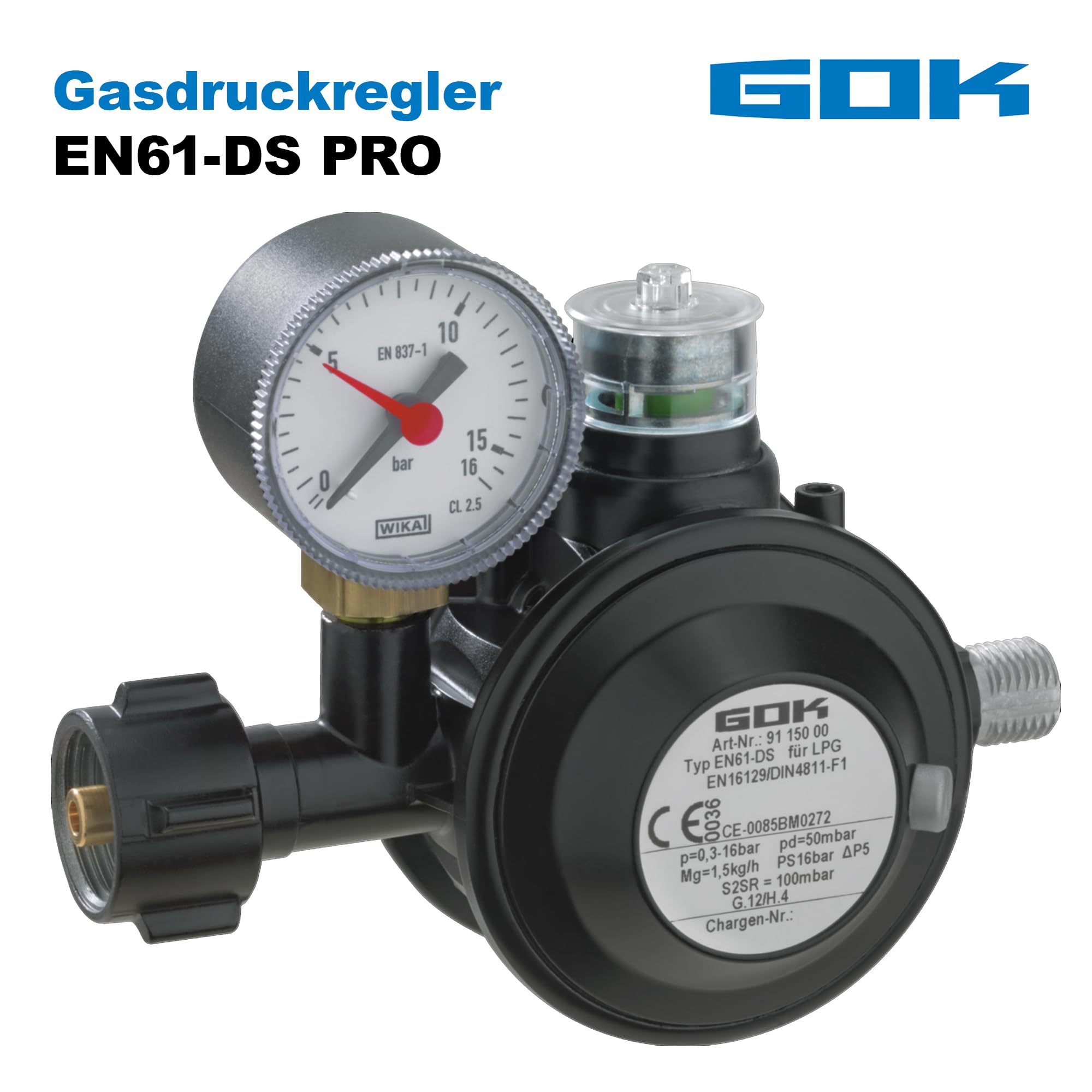 GOK Gasdruckregler EN61-DS PRO 1,5kg/h, schwarz, mit Manometer