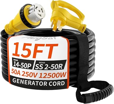 PlugSaf 50 Amp Generator Cord, 15FT 50 Amp RV Extension Cord with Twist Lock, Generator Cable 50A 4 Prong Yellow, NEMA 14-50P/SS2-50R Heavy Duty STW Wire for RV Camper & House