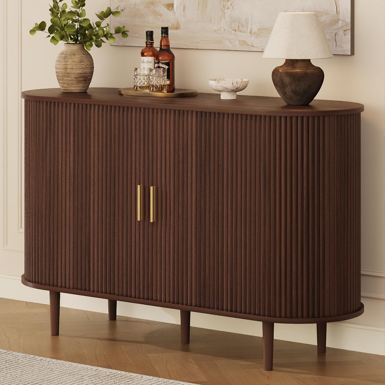 DHH 47.2" Sideboard Buffet Cabinet with Storage,Mid Century Modern Fluted Accent Coffee Bar Console Table,Tambour Sliding Doors&amp; Adjustable Shelf for Kitchen, Living Room, Entryway (Walnut)