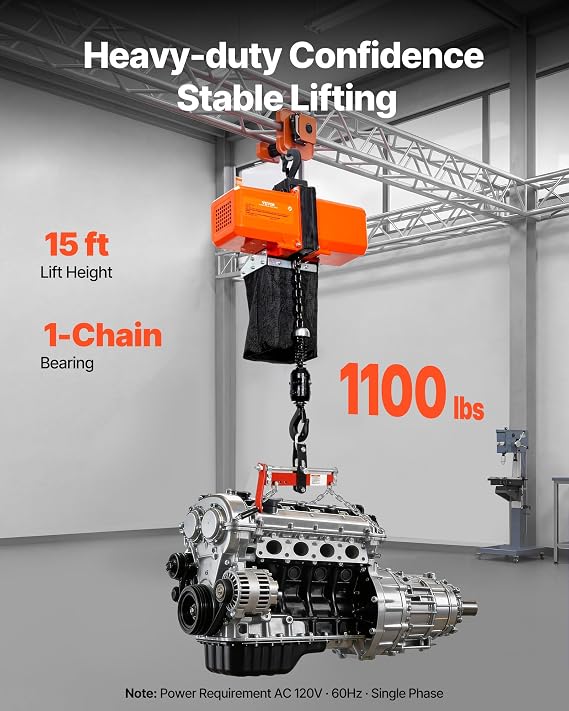 VEVOR 1100 lbs Electric Chain Hoist 15 FT Lifting Height, 120V Electric Hoist, Single Phase Overhead Crane with G100 Chain, 10 ft Wired Remote Control for Garage, Shop, Hotel, Home