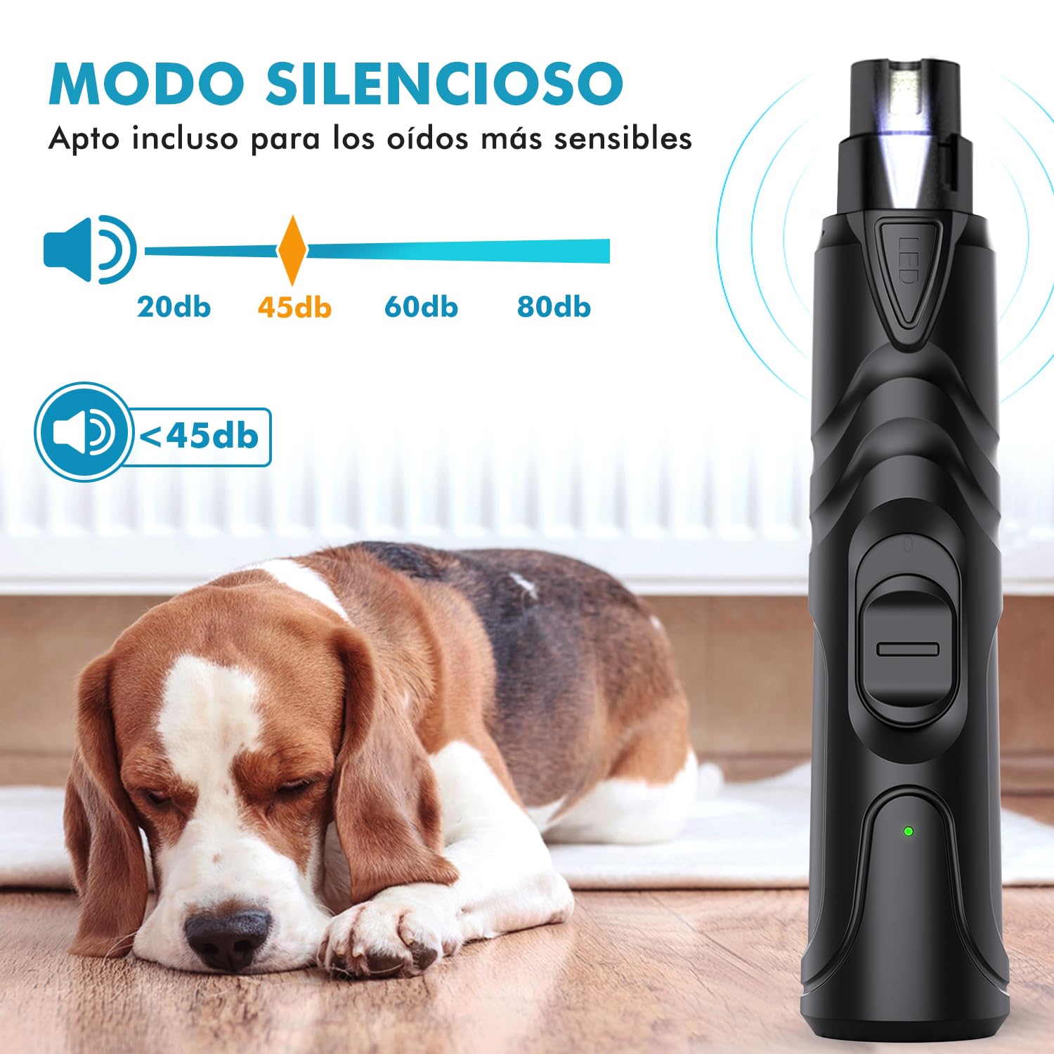 ETENTOUS Lima Uñas Perro Eléctrica, Último Lima para Perros Profesional con 3 Conexiones(con Cortauñas), 2 Velocidades con Luz Led, Lima de Uñas Electrico Perros Grandes, Medianos, Pequeños