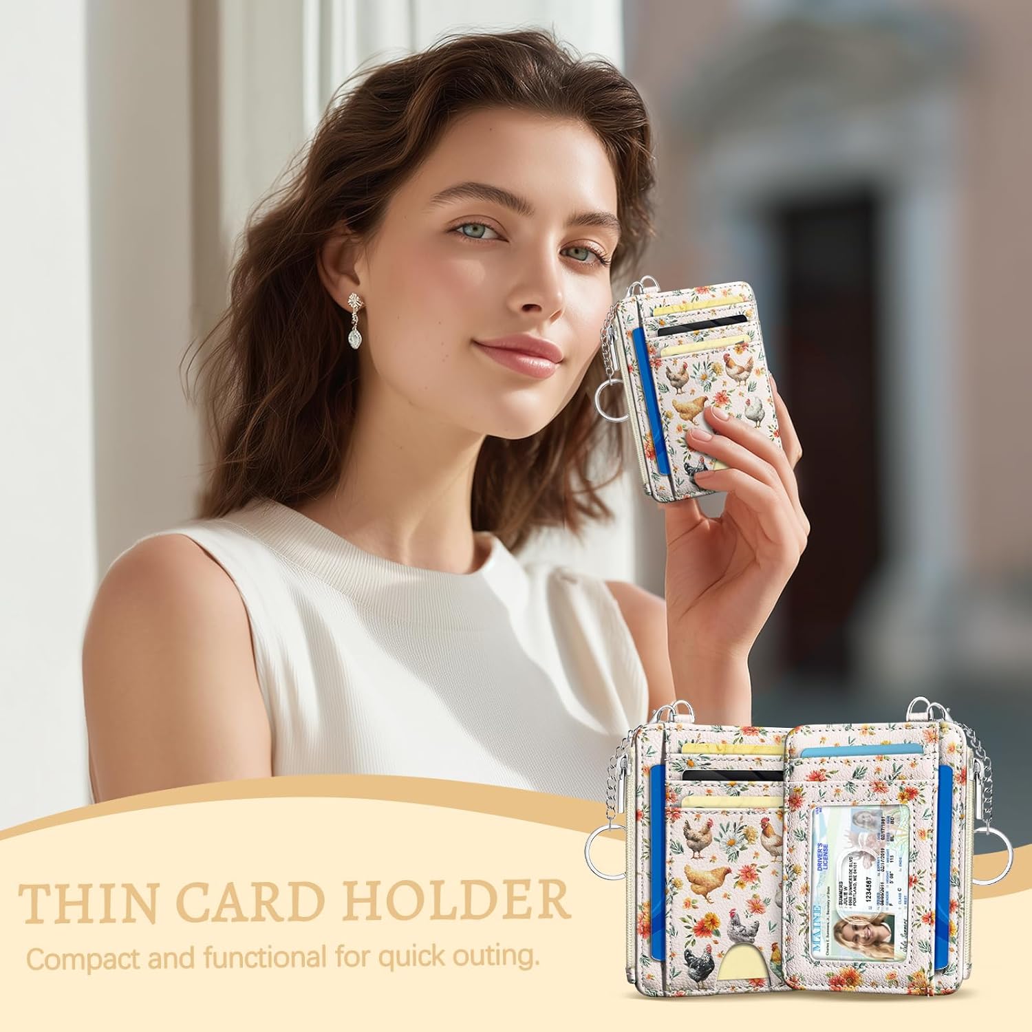 Kelvoris Chicken Rooster Credit Card Holder Small Wallet Women, Flowers Slim RFID Blocking Wallet Woman Keychain with Zipper Coin Pocket, Front Pocket Thin Travel Card Case with ID Window Ladies Gifts - Image 7