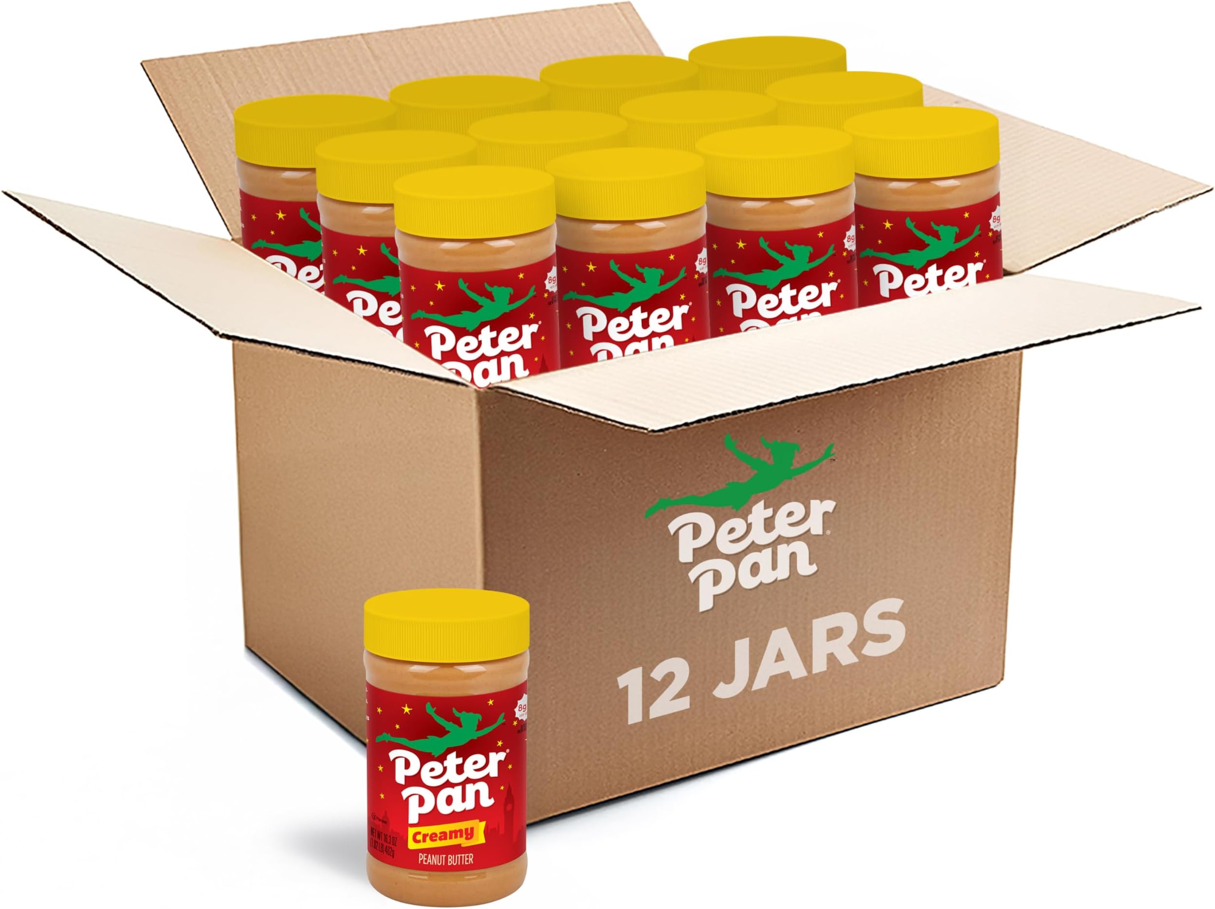 Peter Pan Creamy Peanut Butter, Made with Roasted Peanuts, Great for Peanut Butter and Jelly Sandwiches and Peanut Butter Snacks, Gluten Free Peanut Butter, 16.3 OZ Jar (Pack of 12)
