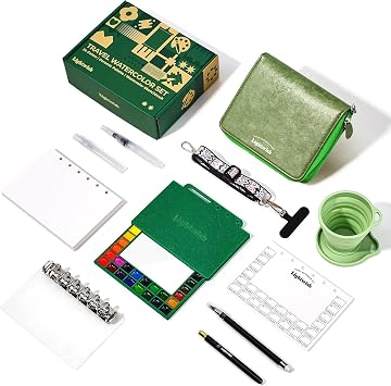 LIGHTWISH Travel Watercolor Set - 24 Colors Compact Art Kit with Refillable 100% Cotton Paper, Ceramic Palette, Watercolor Brush & Spray Bottle, Portable Painting Supplies for Artists & Beginners