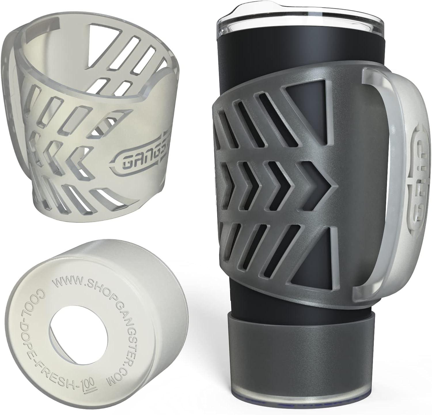 Gangster Armor Grip for 20 oz Tumblers – Yeti Rambler Handle – Silicone Tumbler Sleeve Holder - RTIC Beast Simple Corkcicle Tumbler Grip Holder - Boot Tumbler Bottom Rubber (20oz Clear Glow)