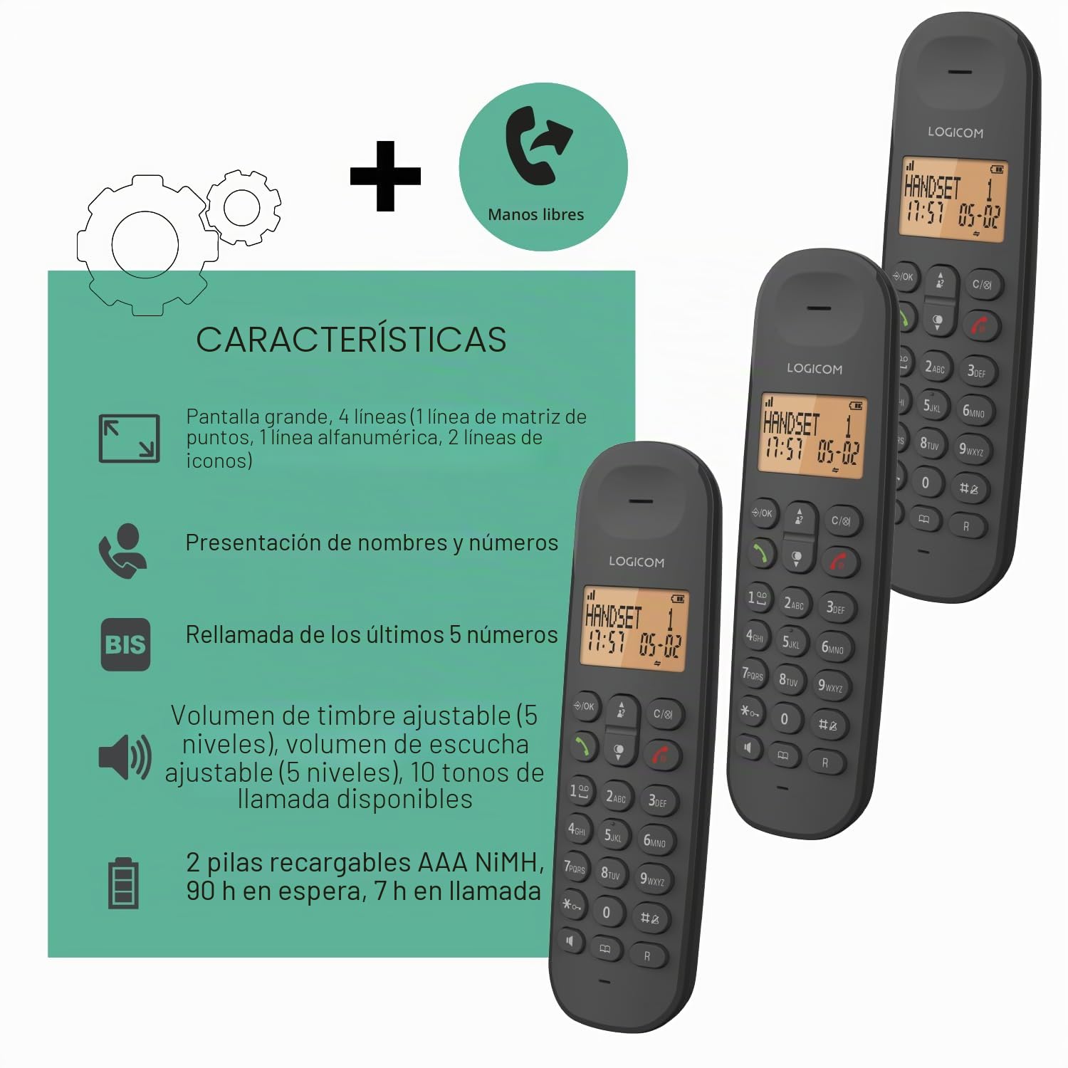 Logicom ILOA 350 Teléfono Fijo inalámbrico sin contestador - Trío - Teléfonos analógicos y dect - Negro