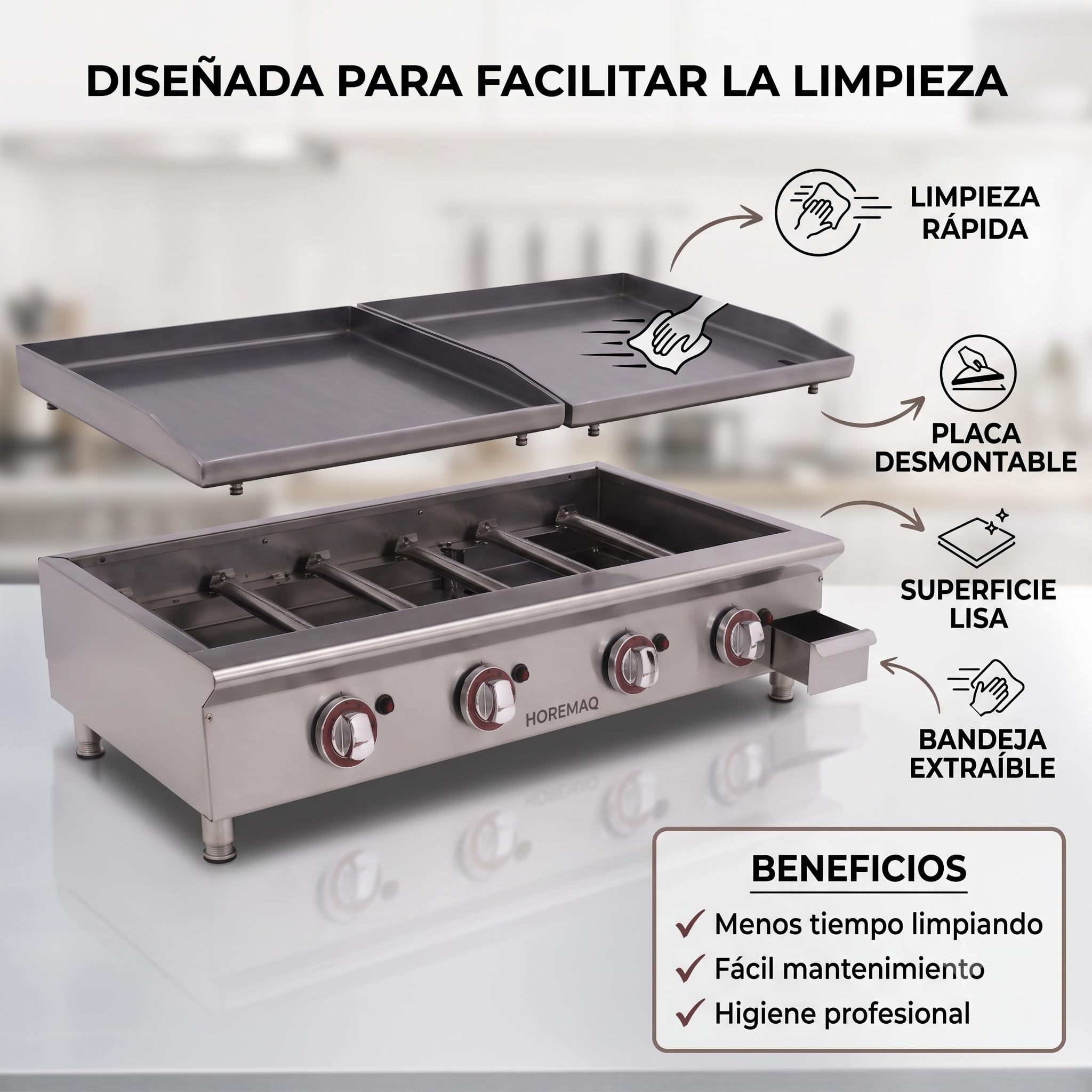 Plancha Gas Butano Profesional DUO, 2 Placas 60 x 40 cm en Acero Laminado 6 mm, 4 Quemadores, 11 kW, Cuerpo Inoxidable, Sobremesa Hostelería, Fabricada en España