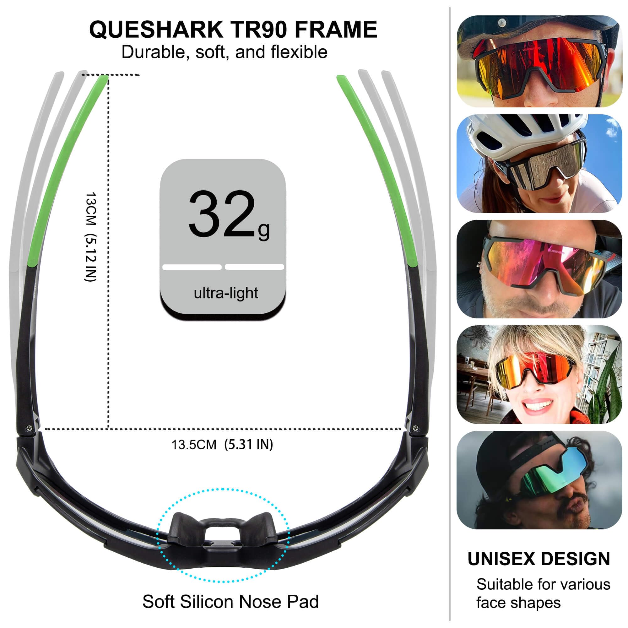 Queshark Occhiali Veloci, Occhiali Ciclismo Uomo e Donna, Leggero & Antiscivolo & TR90 Telaio & Protezione UV400, Occhiali Sportivi Uomo per Ciclismo Corsa Pesca Golf Baseball Pallavolo
