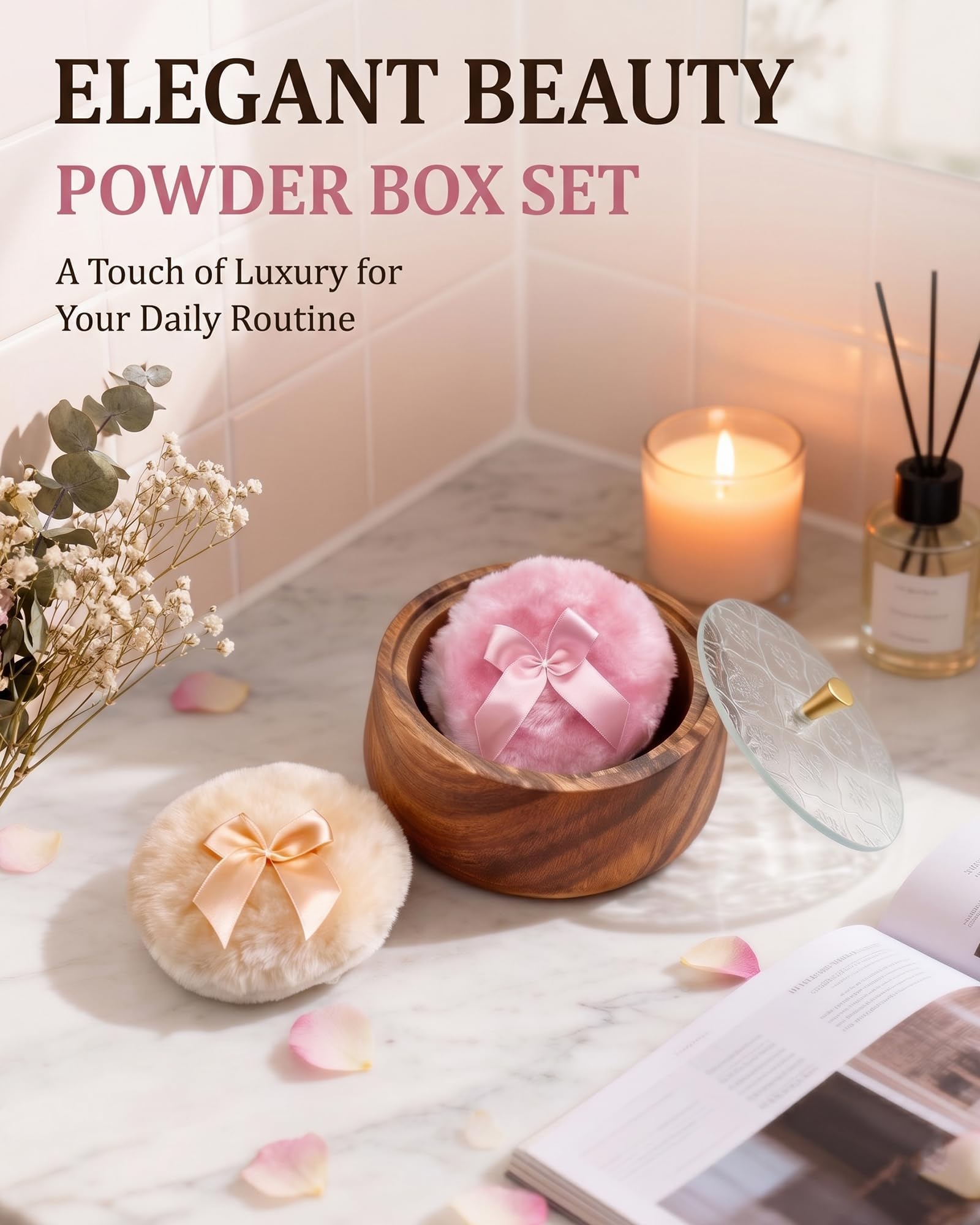 Large Wood-Grain Body Powder Container with 2 Washable Puffs