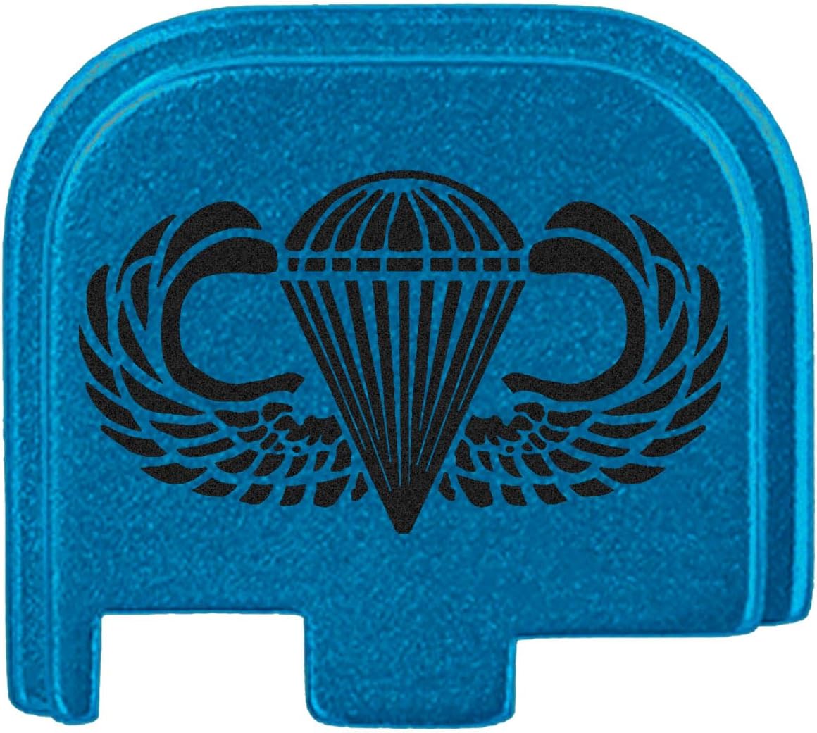 NDZ Performance Slide Cover Back Plate for Glock 43 43X 48 & PSA Dagger Micro – Aluminum Upgrade with Black Engraving – Airborne Jump Wings – Blue