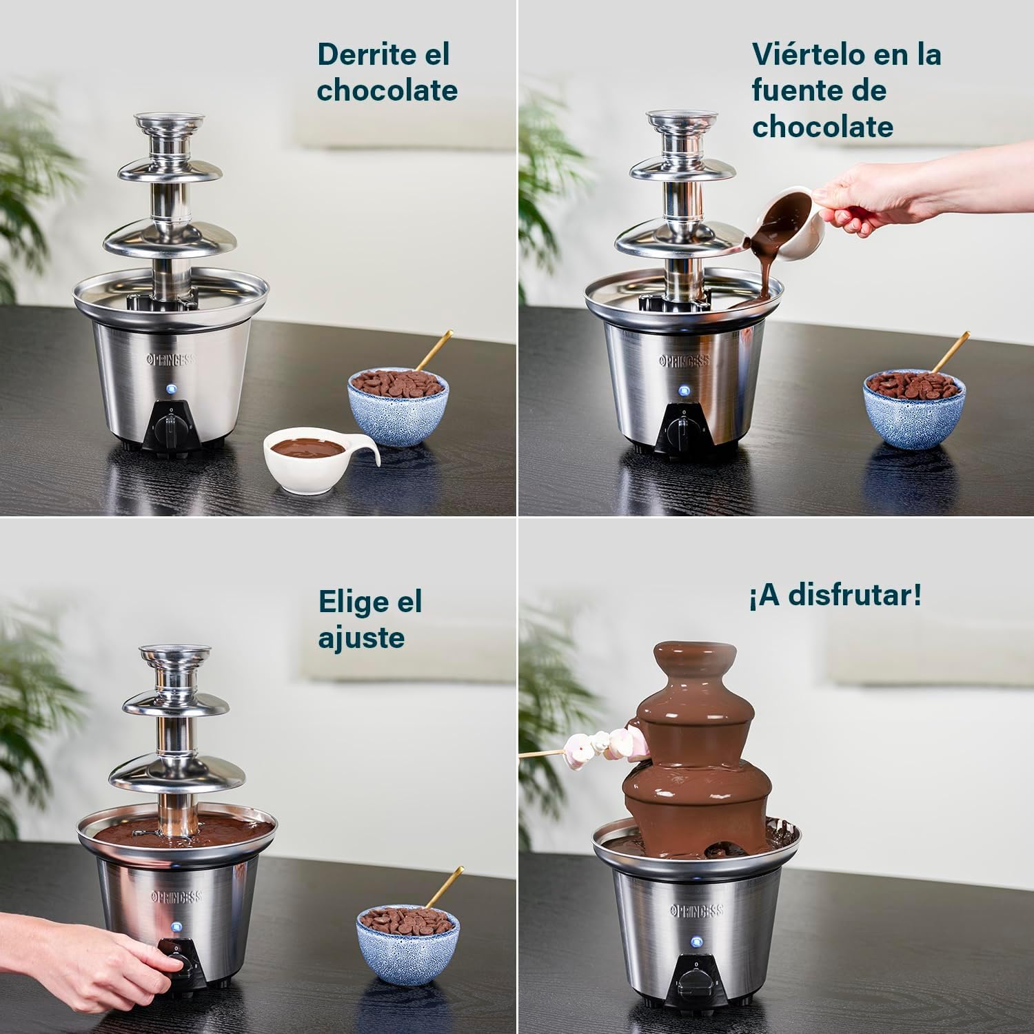 Princess 292998 Fuente de chocolate XL con 2 ajustes de potencia, 3 alturas, 0,7 litros de capacidad, 32.5 cm de altura, carcasa de acero inoxidable, apta para todo tipo de chocolate, 90 W