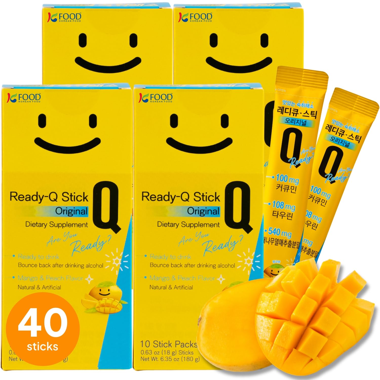 Korean Food ReadyQ Stick Original Jelly Bulk Pack – Mango Flavor, 40 Sticks for Morning Recovery, Detox & Energy Boost, 6.3 oz Each Box