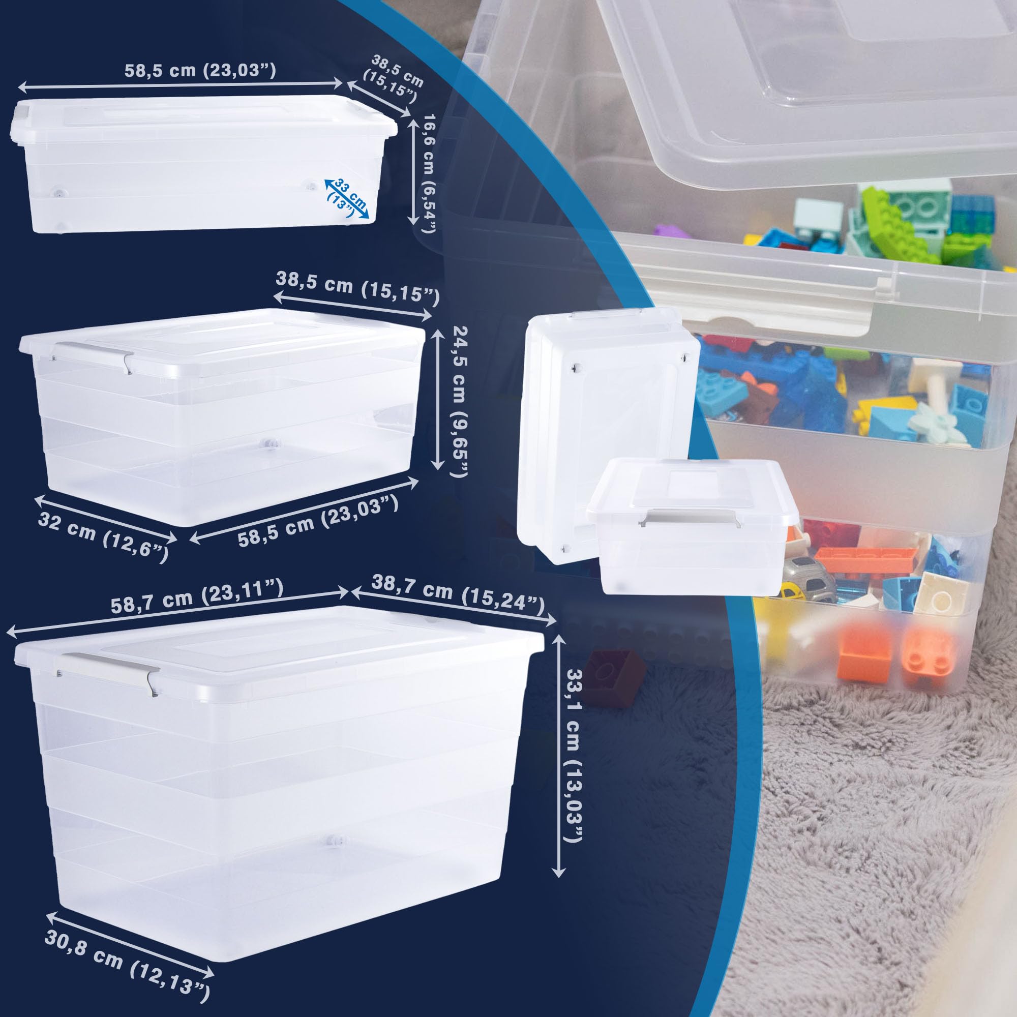3x Aufbewahrungsbox Mit Deckel Mit Rollen 3er-Set 28L, 40L, 55L Organizer Kunststoff Behälter Container Mit Rädern Kleiderboxen Box Plastik Transparent